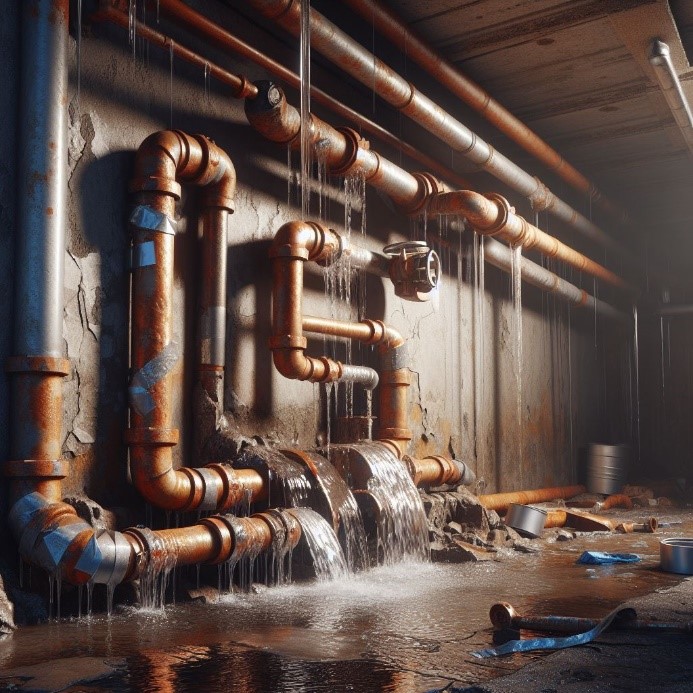Ilustración del abastecimiento de agua potable a través de una red hidráulica local en malas condiciones que promueve la contaminación y degradación de la calidad del agua (imagen obtenida por Microsoft Designer)