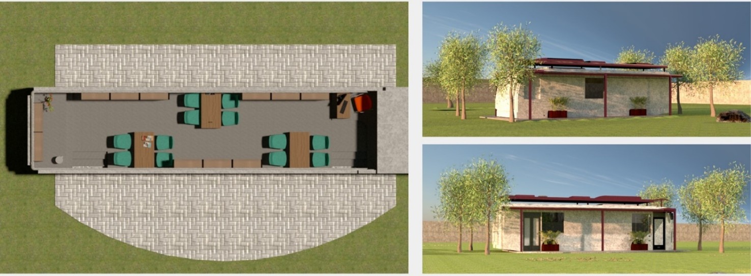 Representación en planta de la edificación y perspectivas de la propuesta de anteproyecto con reutilización